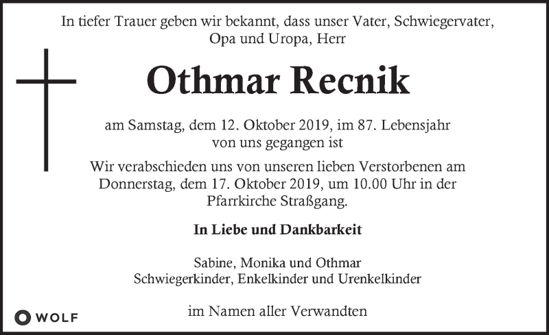  Traueranzeige für Othmar Recnik vom 15.10.2019 aus Kleine Zeitung
