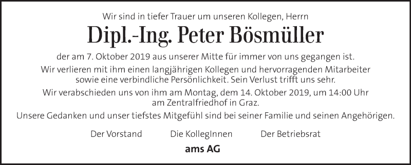  Traueranzeige für Peter Bösmüller vom 11.10.2019 aus Kleine Zeitung