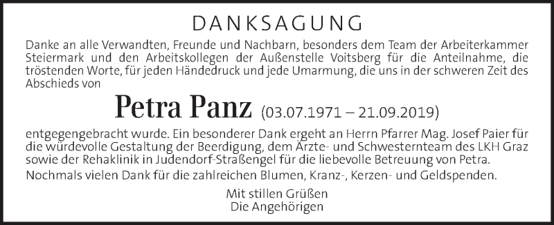  Traueranzeige für Petra Panz vom 04.10.2019 aus Kleine Zeitung