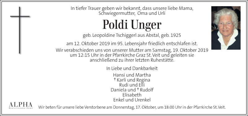  Traueranzeige für Poldi Unger vom 17.10.2019 aus Kleine Zeitung
