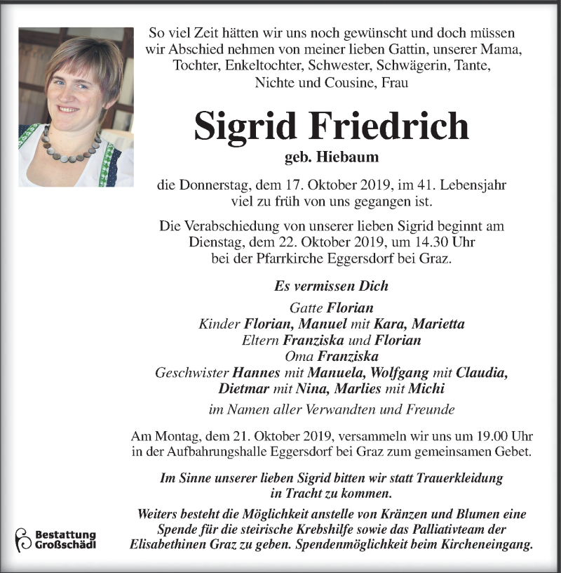  Traueranzeige für Sigrid Friedrich vom 19.10.2019 aus Kleine Zeitung