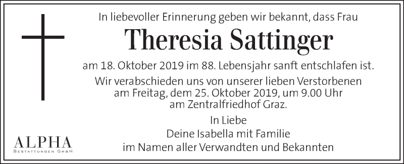  Traueranzeige für Theresia Sattinger vom 23.10.2019 aus Kleine Zeitung