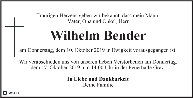  Traueranzeige für Wilhelm Bender vom 15.10.2019 aus Kleine Zeitung