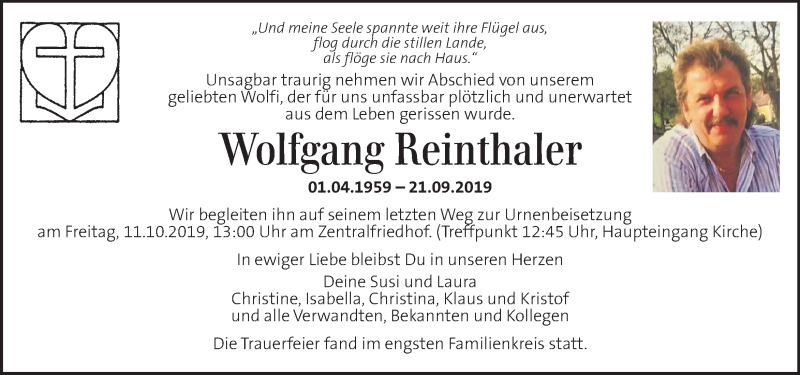  Traueranzeige für Wolfgang Reinthaler vom 09.10.2019 aus Kleine Zeitung