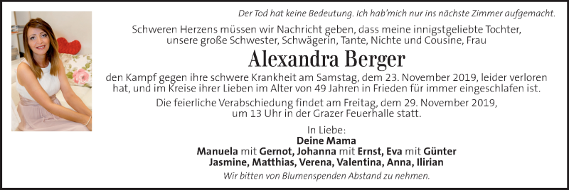  Traueranzeige für Alexandra Berger vom 27.11.2019 aus Kleine Zeitung