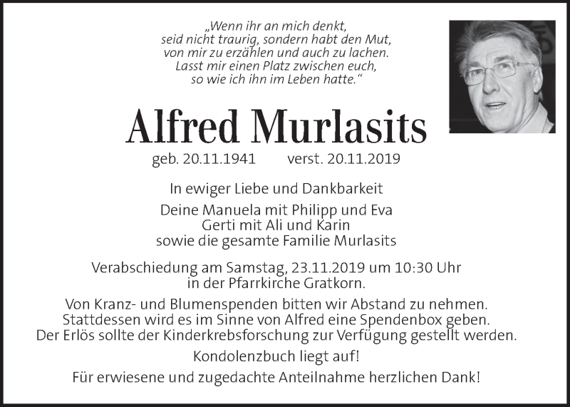  Traueranzeige für Alfred Murlasits vom 22.11.2019 aus Kleine Zeitung