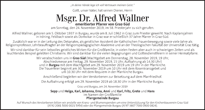  Traueranzeige für Alfred Wallner vom 27.11.2019 aus Kleine Zeitung