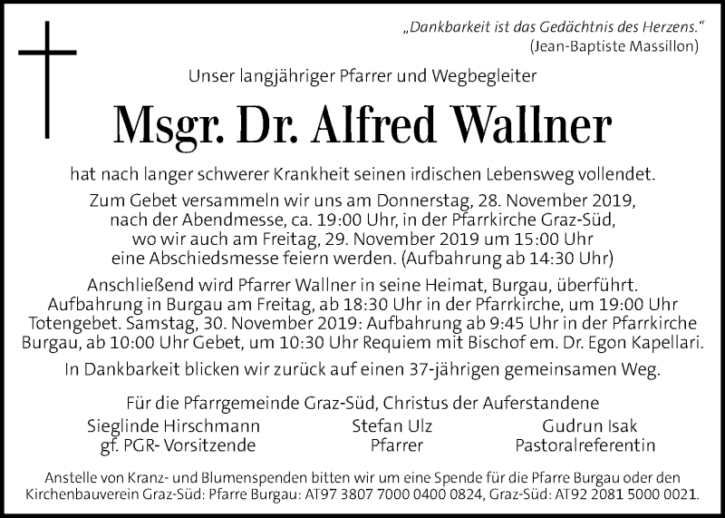  Traueranzeige für Alfred Wallner vom 27.11.2019 aus Kleine Zeitung