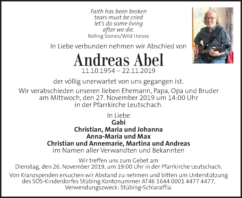 Traueranzeige für Andreas Abel vom 26.11.2019 aus Kleine Zeitung