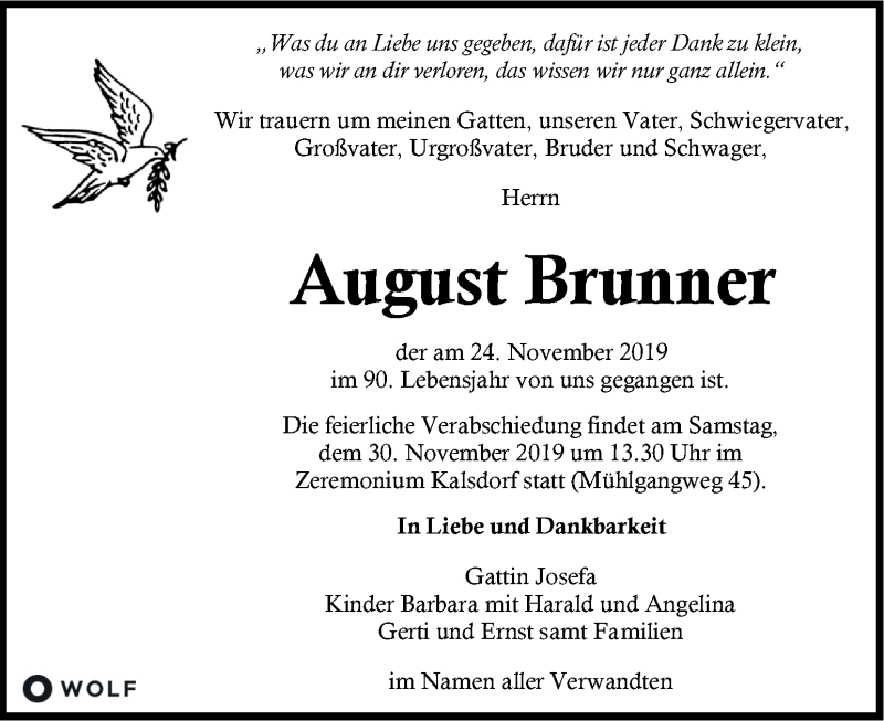  Traueranzeige für August Brunner vom 27.11.2019 aus Kleine Zeitung