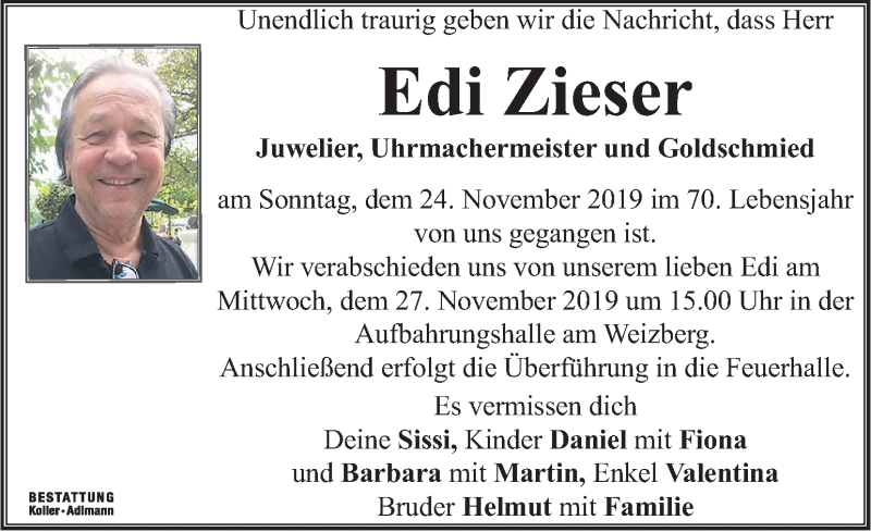  Traueranzeige für Edi Zieser vom 27.11.2019 aus Kleine Zeitung