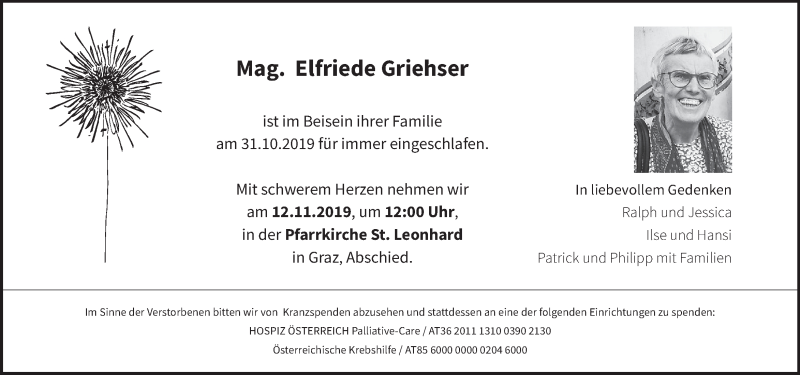  Traueranzeige für Elfriede Griehser  vom 07.11.2019 aus Kleine Zeitung