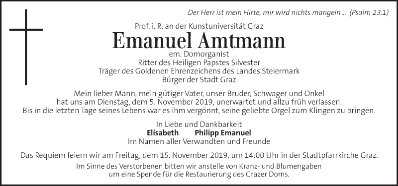  Traueranzeige für Emanuel Amtmann vom 10.11.2019 aus Kleine Zeitung