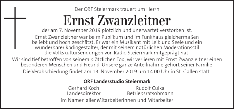  Traueranzeige für Ernst Zwanzleitner vom 10.11.2019 aus Kleine Zeitung