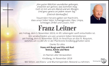 Traueranzeige von Franz Leitner von Kleine Zeitung