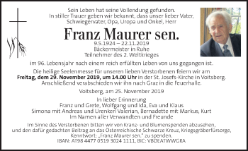 Traueranzeige von Franz Maurer von Kleine Zeitung