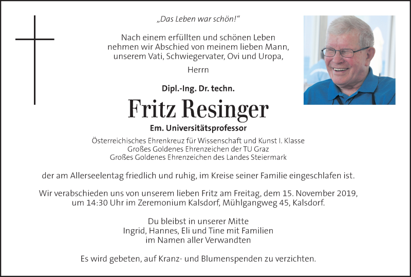  Traueranzeige für Fritz Resinger vom 09.11.2019 aus Kleine Zeitung