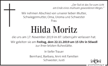 Traueranzeige von Hilda Moritz von Kleine Zeitung