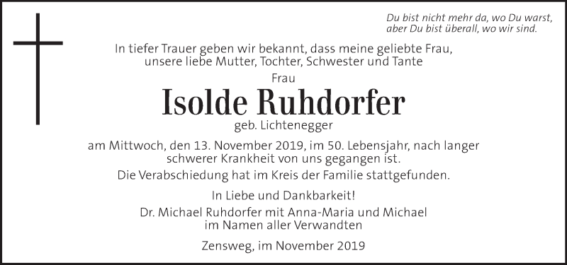  Traueranzeige für Isolde Ruhdorfer vom 22.11.2019 aus Kleine Zeitung