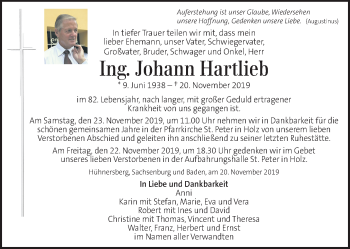 Traueranzeige von Johann Hartlieb von Kleine Zeitung