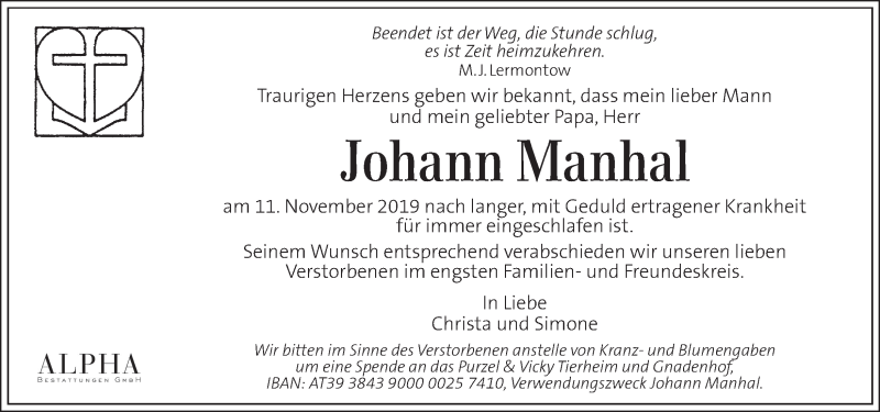  Traueranzeige für Johann Manhal vom 13.11.2019 aus Kleine Zeitung