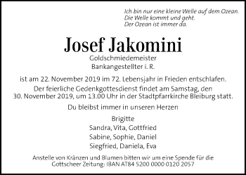 Traueranzeige von Josef Jakomini von Kleine Zeitung