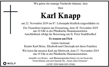 Traueranzeige von Karl Knapp von Kleine Zeitung