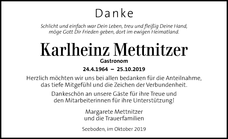  Traueranzeige für Karlheinz Mettnitzer vom 10.11.2019 aus Kleine Zeitung