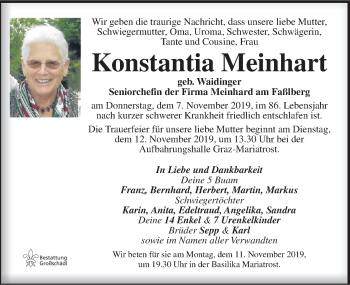 Traueranzeige von Konstantia Meinhart von Kleine Zeitung