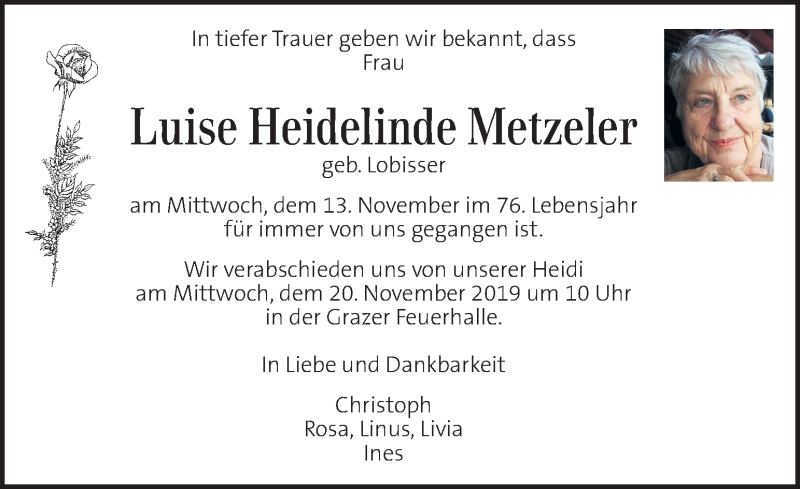  Traueranzeige für Luise Heidelinde Metzeler vom 17.11.2019 aus Kleine Zeitung