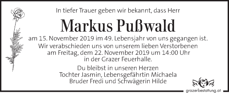  Traueranzeige für Markus Pußwald vom 21.11.2019 aus Kleine Zeitung