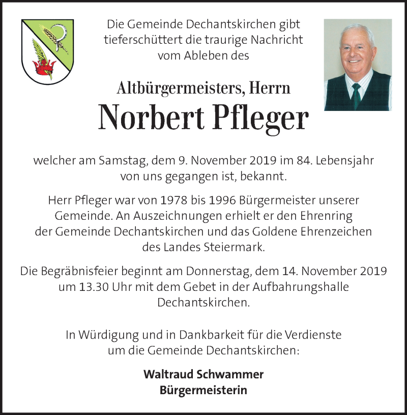  Traueranzeige für Norbert Pfleger vom 13.11.2019 aus Kleine Zeitung