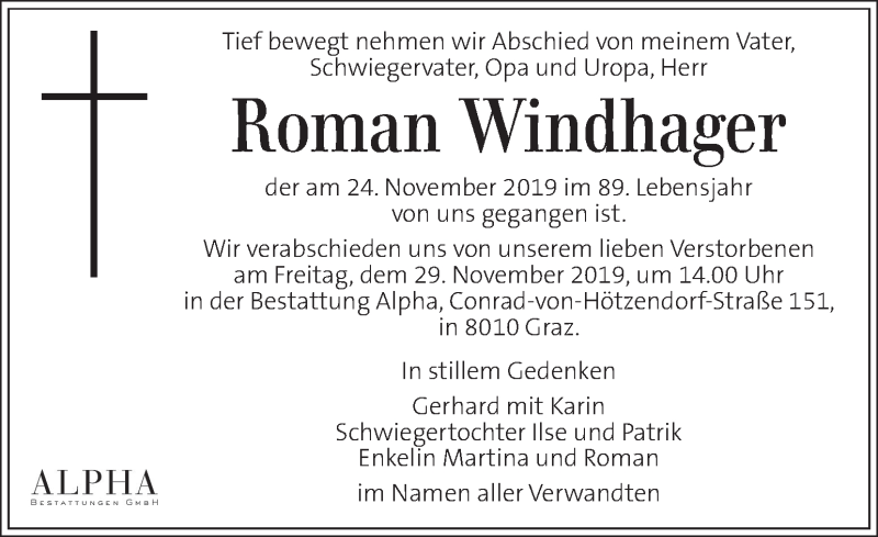  Traueranzeige für Roman Windhager vom 27.11.2019 aus Kleine Zeitung