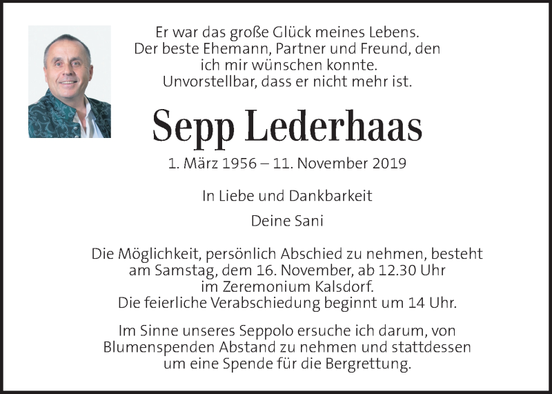  Traueranzeige für Sepp Lederhaas vom 14.11.2019 aus Kleine Zeitung