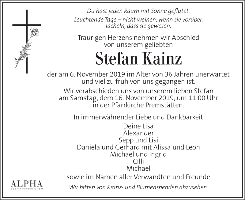  Traueranzeige für Stefan Kainz vom 14.11.2019 aus Kleine Zeitung