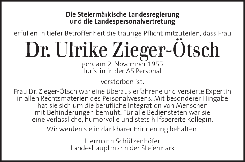  Traueranzeige für Ulrike Zieger-Ötsch vom 06.11.2019 aus Kleine Zeitung