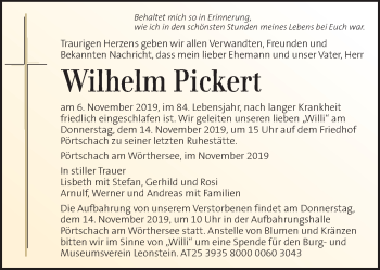 Traueranzeige von Wilhelm Pickert von Kleine Zeitung