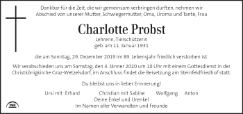 Traueranzeige von Charlotte Probst von Kleine Zeitung