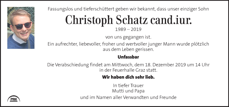  Traueranzeige für Christoph Schatz vom 15.12.2019 aus Kleine Zeitung