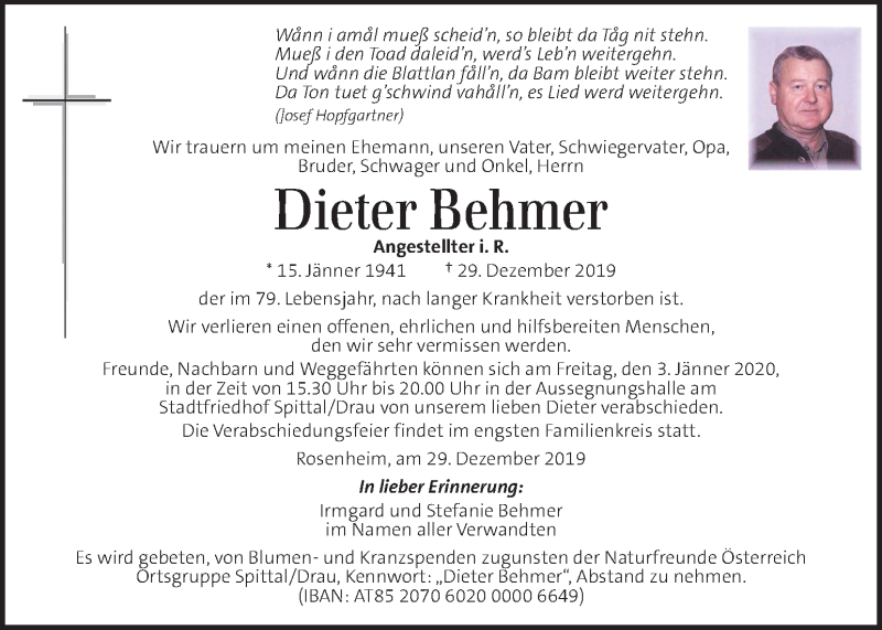  Traueranzeige für Dieter Behmer vom 01.01.2020 aus Kleine Zeitung