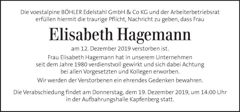  Traueranzeige für Elisabeth Hagemann vom 18.12.2019 aus Kleine Zeitung