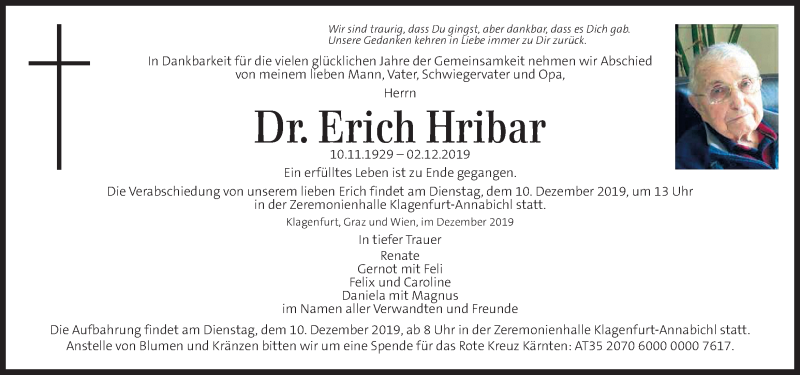  Traueranzeige für Erich Hribar vom 06.12.2019 aus Kleine Zeitung