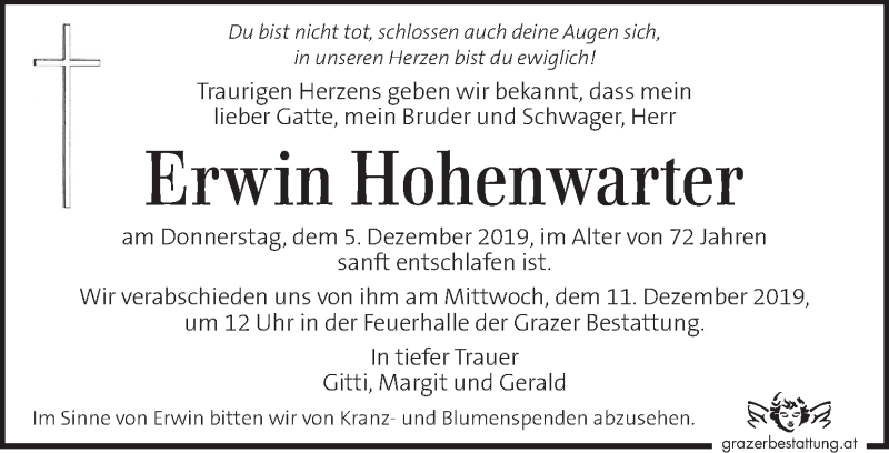  Traueranzeige für Erwin Hohenwarter vom 08.12.2019 aus Kleine Zeitung