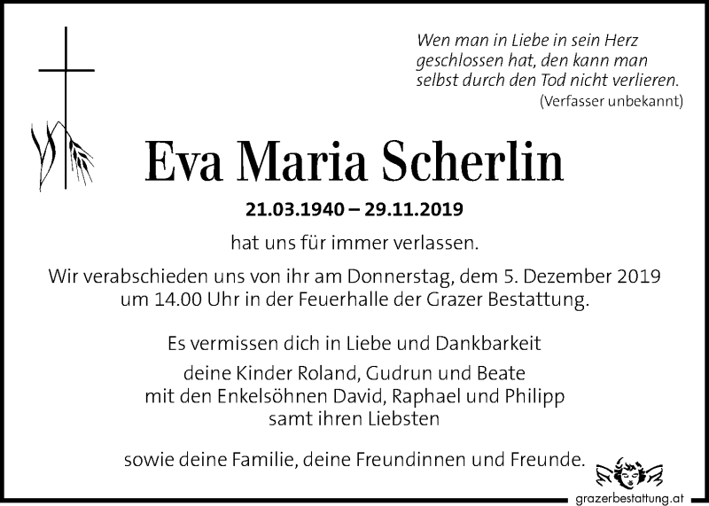  Traueranzeige für Eva Maria Scherlin vom 03.12.2019 aus Kleine Zeitung