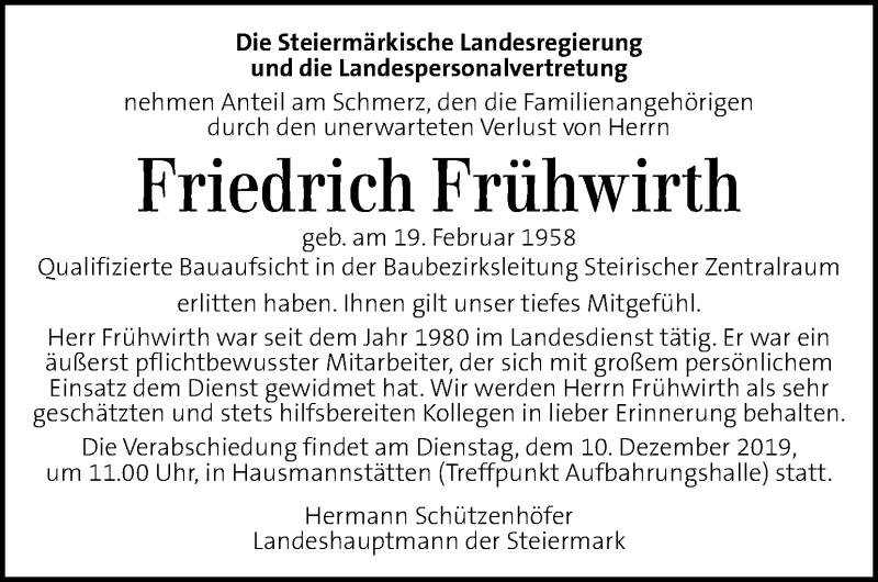  Traueranzeige für Friedrich Frühwirth vom 08.12.2019 aus Kleine Zeitung