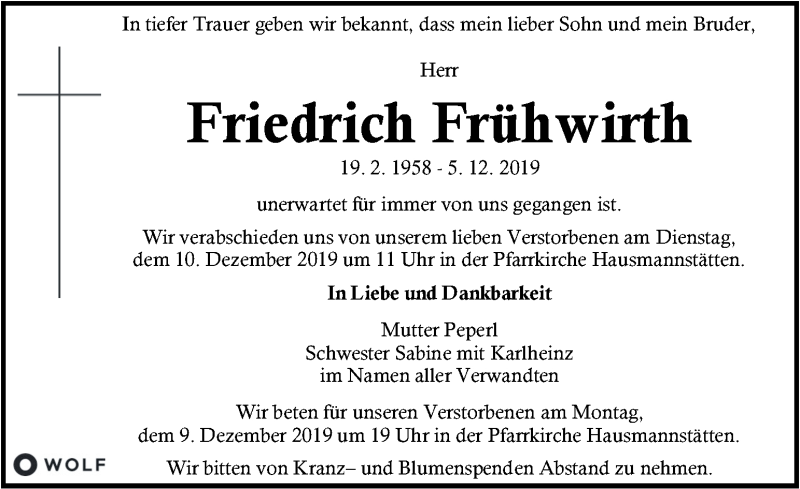  Traueranzeige für Friedrich Frühwirth vom 07.12.2019 aus Kleine Zeitung