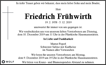 Traueranzeige von Friedrich Frühwirth von Kleine Zeitung