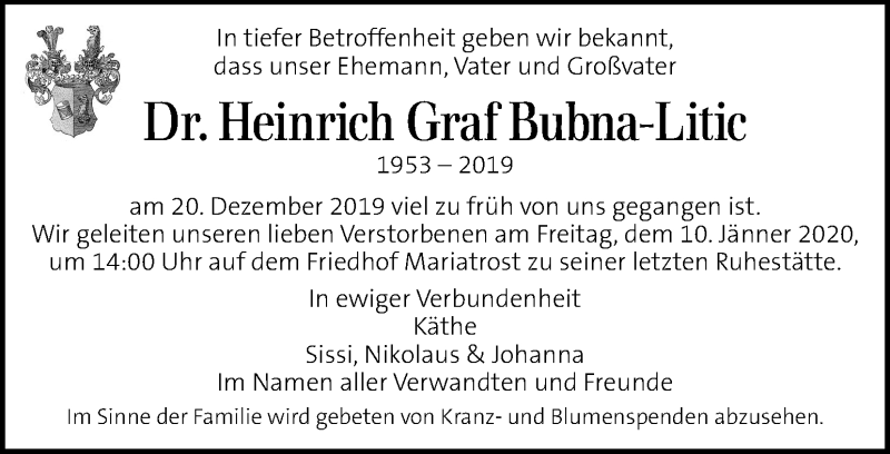  Traueranzeige für Heinrich Graf Bubna-Litic vom 28.12.2019 aus Kleine Zeitung