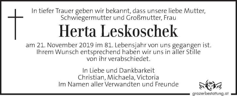  Traueranzeige für Herta Leskoschek vom 05.12.2019 aus Kleine Zeitung