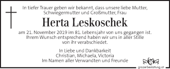 Traueranzeige von Herta Leskoschek von Kleine Zeitung